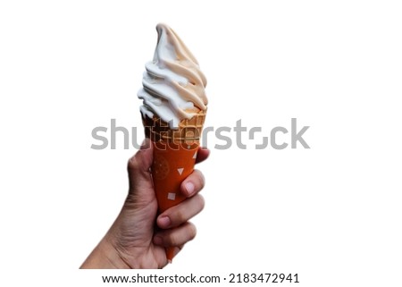 Picture of ice cream cone, milk, vanilla ,Strawberry and chocolate flavor in the left hand. on a white background