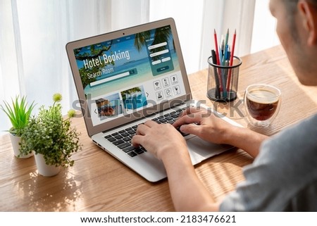Online hotel accommodation booking website provide modish reservation system . Travel technology concept . Royalty-Free Stock Photo #2183476621