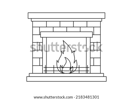 Fireplace burn with fire line icon. Linear brick fireplace drawing art. Outline winter interior design element vector illustration.Editable stroke. Royalty-Free Stock Photo #2183481301