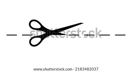 Scrissors icon cut dotted line mark vector silhouette. Shear cutting paper coupon or the cloth label along the line with dash border. Simple crop graphic design element. Vector illustation.