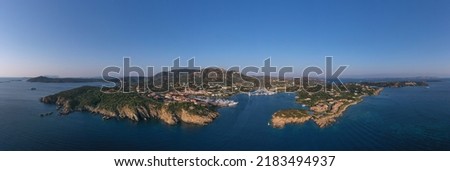Morning panorama of Porto Cervo, Sardinia, Italy. Aerial view of Porto Cervo. Panoramic view of Porto Cervo, Sardinia Italy. Royalty-Free Stock Photo #2183494937