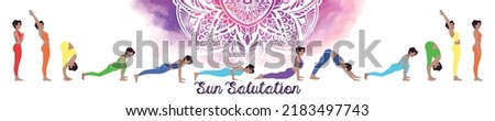 Set of yoga poses. Woman doing exercises of Sun Salutation. Surya Namaskar