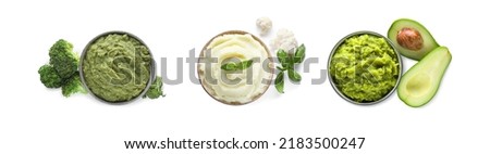 Set with different tasty vegetable puree on white background, top view. Banner design Royalty-Free Stock Photo #2183500247