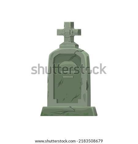 Old tomb with stone cross, cemetery memorial, cracked vector gravestone. Halloween single graveyard building. Grave stone mausoleum, ancient tombstone, isolated cartoon horror gothic element