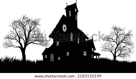 A silhouette haunted Halloween house with spooky trees Royalty-Free Stock Photo #2183510199