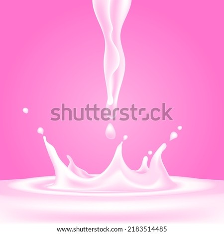 3D vector realistic illustration set, 
raspberry milk splash and pour, realistic natural dairy products, yogurt or cream splatter drops, isolated on pink background. Print, template, design element