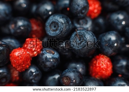 Red wild strawberries and ripe blueberries, background pattern. The concept of berry harvest in summer. Natural vegetarian food, healthy organic snack without gmo. Close-up, macro photography.