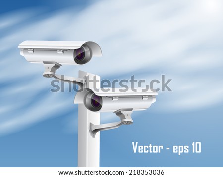 Security camera on blue sky background.vector illustration