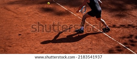 Old tennis player in action on the court on a sunny day. Horizontal sport theme poster, greeting cards, headers, website and app