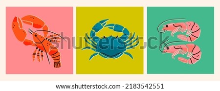 Set of hand drawn Lobster, Shrimps, Crab. Seafood shop logo, signboard, restaurant menu, fish market, banner, poster design templates. Fresh shellfish products. Trendy Vector illustration. Flat design Royalty-Free Stock Photo #2183542551