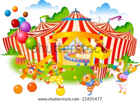 Joyful Circus and Cute Pierrot - enjoy happy and funny clowns at the fantastic circus festival on a background of the big top tent with red stripes and flying colorful balloons : vector illustration
