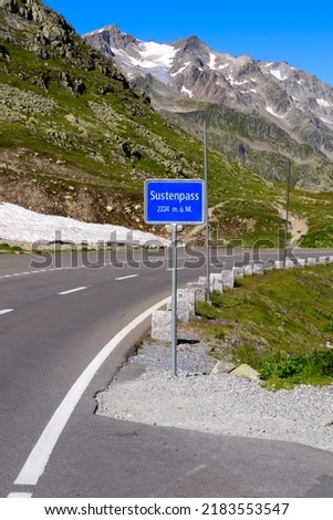 Road sign at Swiss mountain pass Susten with text 2224 Meters above sea level on a sunny summer day. Photo taken July 13th, 2022, Susten Pass, Switzerland. Royalty-Free Stock Photo #2183553547