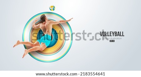 Realistic silhouette of a volleyball player on white background. Volleyball player man hits the ball. Vector illustration