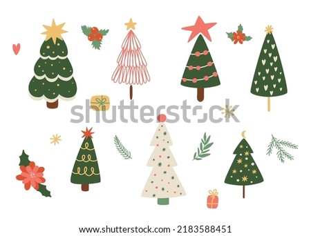 Christmas tree vector set in cute cartoon style. Hand drawn New Year isolated elements, fir tree, gifts, flowers, branch, stars snowflake Winter holiday cute illustration. Christmas tree collection.