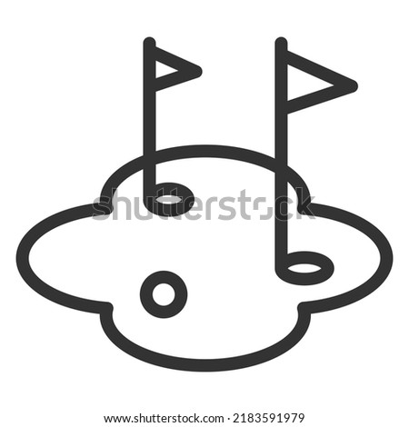 Golf playing field, holes with flags and ball - icon, illustration on white background, outline style
