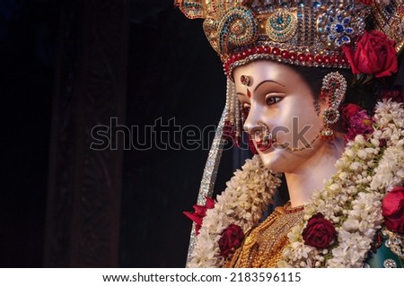Idol statue of Goddess Maa Durga, Happy Navratri and Dussehra  Royalty-Free Stock Photo #2183596115