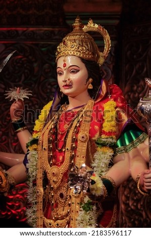 Idol statue of Goddess Maa Durga, Happy Navratri and Dussehra  Royalty-Free Stock Photo #2183596117