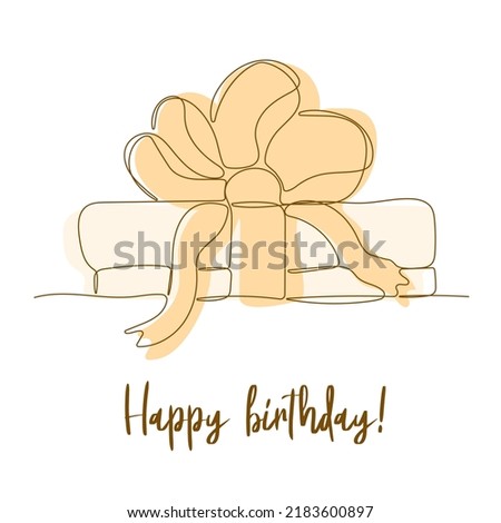 Happy birthday. Cute gift box with bow on white background. Hand drawn design elements. One continuous line art vector illustration