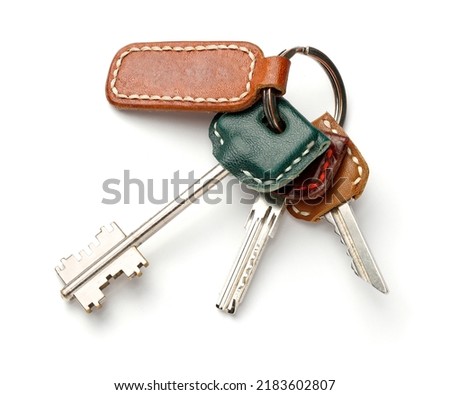 Bunch of keys in leather cases on a white background. Royalty-Free Stock Photo #2183602807