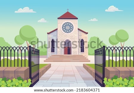 Catholic church building with open gate. Facade of cathedral. religious architecture exterior in cartoon style. Vector illustration Royalty-Free Stock Photo #2183604371