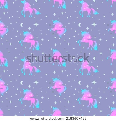 Pattern of unicorns of the night starry sky. Vector illustration.