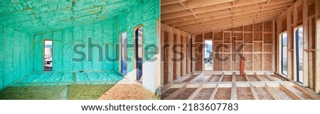 Photo collage before and after thermal insulation room in wooden frame house in Scandinavian style barn house. Comparison of walls sprayed by polyurethane foam. Construction and insulation concept. Royalty-Free Stock Photo #2183607783