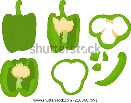 Bulgarian pepper, paprika, bell pepper. Whole, half, cut ​​and sliced ​​peppers. Sliced ​​pepper slices. Whole and slices. Vegetable rings, seasoning for cooking. Vector illustration isolated