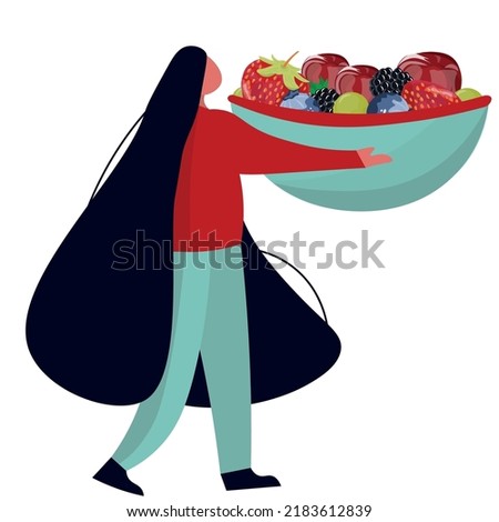 Woman with big bowl of different berries on white background