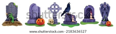Halloween tombstone vector set, creepy gravestone cross, spooky cemetery grave, zombie hand crow. Angel statue, evil pumpkin, candle, ancient graveyard monument collection. Mystery Halloween tombstone Royalty-Free Stock Photo #2183636527
