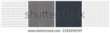 Neutral grey grunge seamless pattern set. Modern masculine vector design collection for mens fashion or bedding textile. Different backgrounds with herringbone, grid, square and abstract mark motifs. Royalty-Free Stock Photo #2183640549