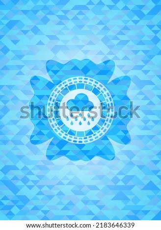 rain icon inside light blue emblem with mosaic ecological style background. 