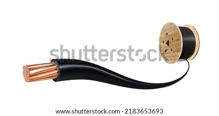 Wooden Coils Of Electric wire Outdoor. High and low voltage cables on white background. Large cable for electrical work. Royalty-Free Stock Photo #2183653693