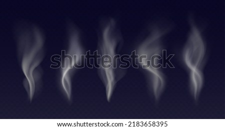 Hot food steam, cigarette smoke, vapor effects from heated tea or coffee. Warm dish, tasty meal, delicious smell concept. White fume isolated on a dark background. Vector illustration.