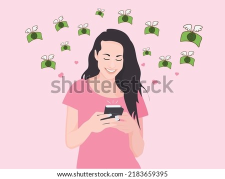Young woman happy that she is earning money making content on smartphones. Vector illustration concept online earning.