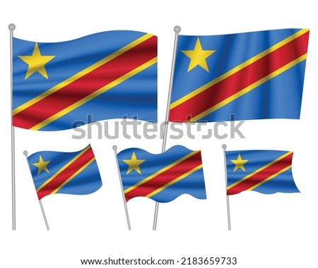 Set of Democratic Republic of the Congo waving flag on isolated background vector illustration. 5 Congolese wavy realistic flag as a symbol of patriotism
