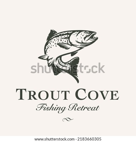 Fly fishing logo. Rainbow trout jumping icon. Freshwater Salmon catch emblem. Fish jump sign. Vector illustration.