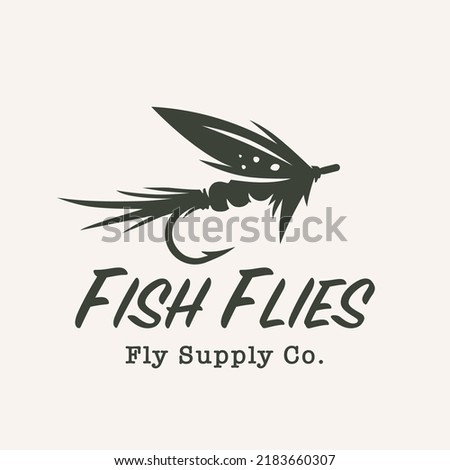 Fly fishing hook logo. Fly tying icon. Artificial feather lure emblem. Freshwater fish flies symbol. Vector illustration.