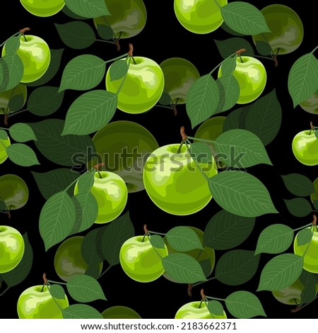 Green apples seamless pattern. Green apples with leaves. Green seamless pattern.