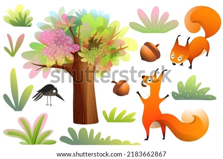 Funny naughty squirrels collection, clip art with a big tree bushes and grass. Nature and squirrels elements isolated clipart. Happy hilarious kids animals cartoon. Vector graphics for children.