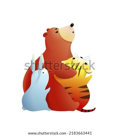 Cute teddy bear sitting hugging with little tiger and bunny, animals friends looking up. Friendship illustration for children. Isolated vector clip art.