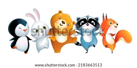 Baby bear bunny penguin raccoon and squirrel jumping or dancing, funny animals illustration for kids. Children cartoon of adorable happy smiling animals friends, isolated vector clipart.