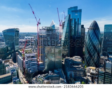 Construction in the City of London circa 2022. Highrise towers and cranes
