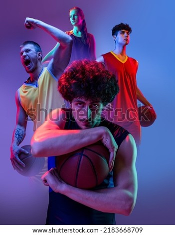 Composite image with young different athletes, soccer, football, volleyball and basketball players over purple background in neon light. Sport, healthy lifestyle, summer games concept. Poster