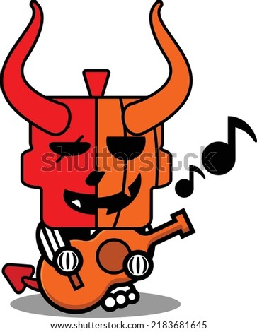 vector cartoon cute mascot skull pumpkin devil red character playing guitar