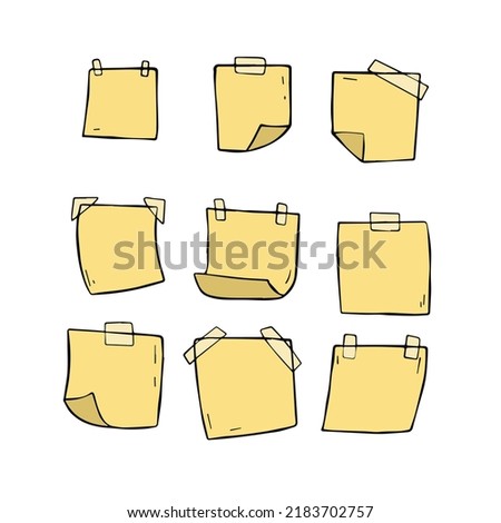 Sticker. Empty piece of paper with sticky tape. Place for reminders and text. Set of objects of different shapes. Blank sheet. Black and white cartoon illustration