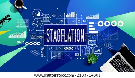 Stagflation theme with a laptop computer on a blue and green pattern background