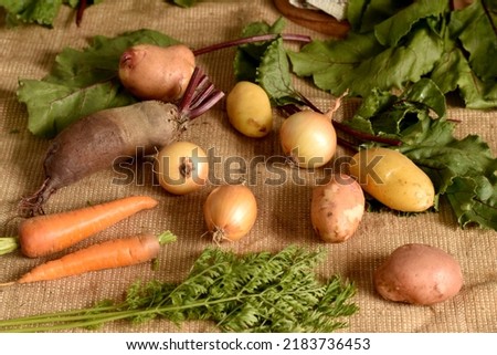 In the close-up picture, ripe fruits, beets, carrots, potatoes and onions lie on the fabric.