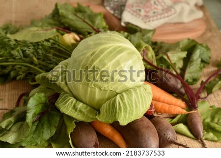 In the close-up picture, ripe fruits of vegetables, cabbage, beets and carrots with tops lie on the fabric.