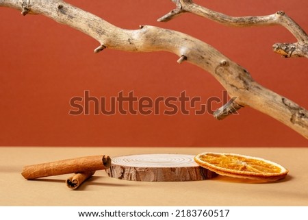 Wood pedestal podium with tree branch, cinnamon sticks, dry orange. Autumn fall cosmetic product presentation.