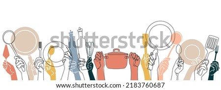 Cooking Background. Kitchen  pattern. Set of Hands with different utensils. Vector illustration.  Royalty-Free Stock Photo #2183760687